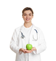 Nutritionist with green apple and stethoscope on white background