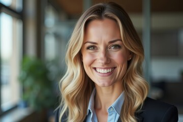 Close-up Portrait of a Confident Female Mortgage Broker Smiling in Office with Professional Demeanor.