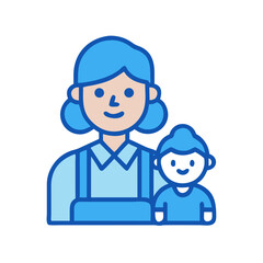 Blue Line Cartoon Woman and Child on Black