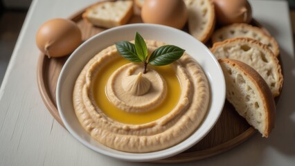 Fresh Homemade Hummus with Olive Oil, Bread, and Eggs: Healthy Mediterranean Dip for Appetizer or Snack