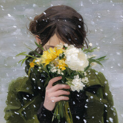 Naklejka premium portrait of woman holding bouquet of flowers close to face partially hidden expression with floral beauty softness and emotional feminine mystery 
