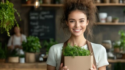 Smiling woman holding plants in a cardboard box happily