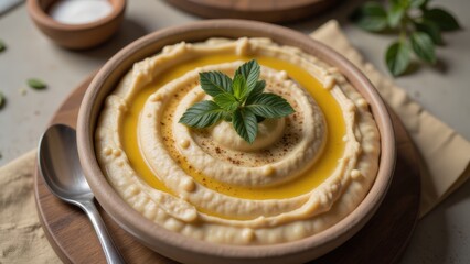 Creamy Hummus Bowl with Olive Oil and Mint Garnish, Middle Eastern Dip, Authentic Mediterranean Cuisine, Vegan Appetizer