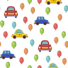 vector seamless pattern with children's drawing, print for children's textiles, decor and decoration of children's rooms and things, machines and balls for decoration of children's holiday and printin