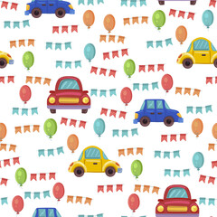 vector seamless pattern with children's drawing, print for children's textiles, decor and decoration of children's rooms and things, machines and balls for decoration of children's holiday and printin