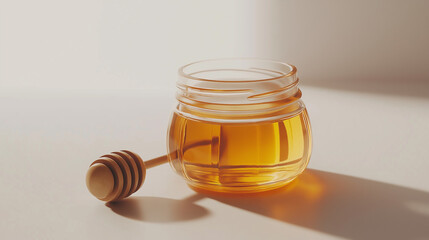 Golden Honey Jar with Wooden Dipper on Neutral Background in Warm Light