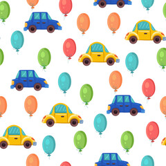 vector seamless pattern with children's drawing, print for children's textiles, decor and decoration of children's rooms and things, machines and balls for decoration of children's holiday and printin