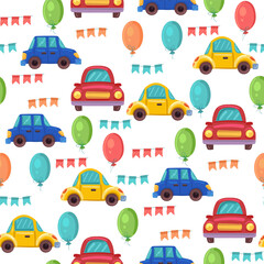 vector seamless pattern with children's drawing, print for children's textiles, decor and decoration of children's rooms and things, machines and balls for decoration of children's holiday and printin