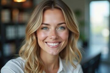 Fototapeta premium Professional and Friendly Female Travel Agent Smiling in Close-Up Shot at Office, Exemplifying Outstanding Customer Service in Travel Industry