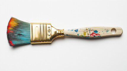 Colorful paint brush with a golden metal ferrule and a wooden handle