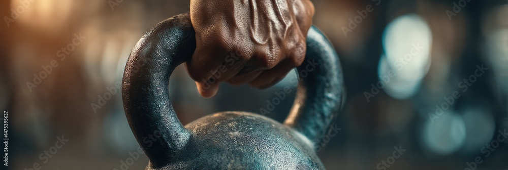 Poster muscular hands gripping a heavy kettlebell in a gym setting during a strength training session