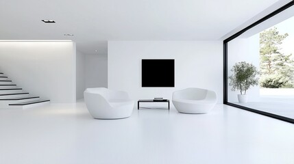 Modern minimalist living room interior with two white armchairs displayed