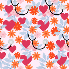 Seamless pattern of flowers and stethoscopes for Nurses Day