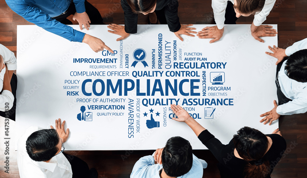 Aufkleber A group of professionals engaged in a compliance meeting, focusing on quality assurance and regulatory standards to improve business processes and ensure effective strategies. Amity