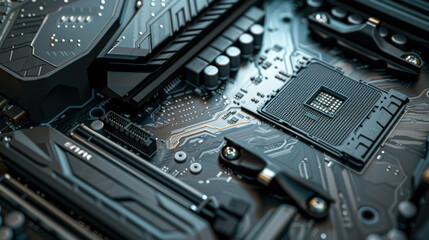 High detail computer motherboard closeup circuitry cpu and connectors