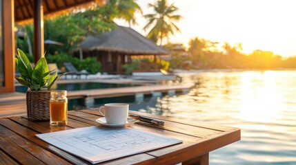 Fototapeta premium A table with a view of a tropical waterfront resort