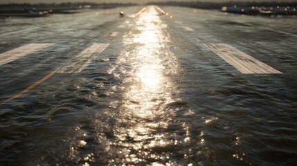 Flooded Airport Runway Sunlit Water Reflecting Sunlight Dramatic Scene