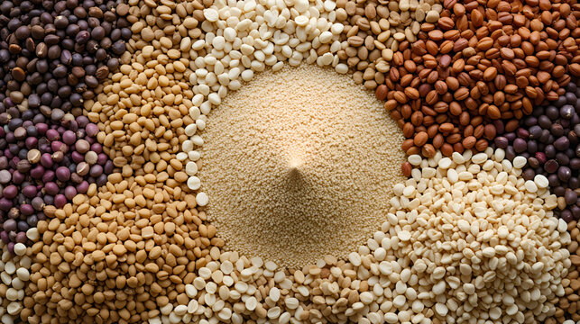 Various grains and legumes in a circular layout