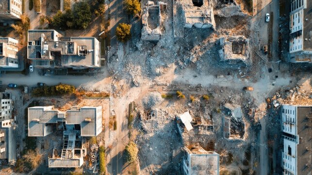 Aerial View of Destroyed Buildings and Rubble in a War Zone Devastation and Destruction Scene