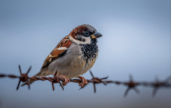 sparrow perched on barbed wire with soft blurred background showing contrast between delicate bird and harsh manmade fence in symbolic nature scene
