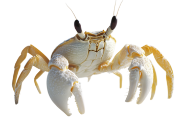 Close-up of a pale crab showcasing its detailed claws and eyes.
