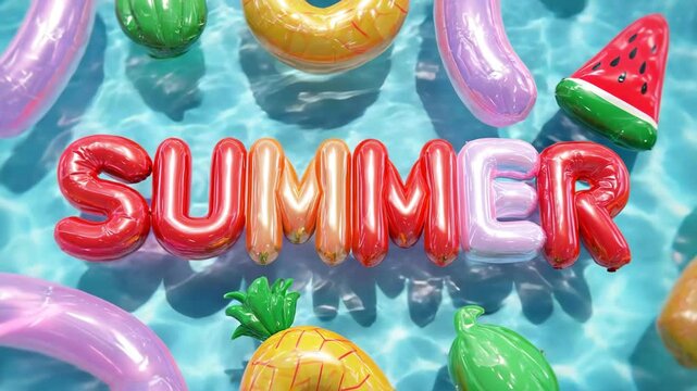 Bold red and pink balloon-style letters spell out SUMMER on the surface of a sparkling blue pool, surrounded by vibrant inflatable pineapples, watermelons, and tubes