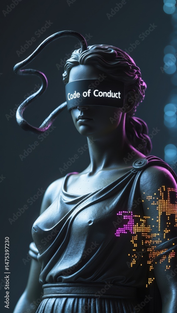 Poster futuristic statue of a woman with digital elements and text 