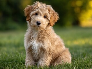 Adorable golden puppy sitting in green grass