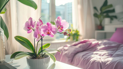 Fototapeta na wymiar Pink orchids by window in a sunny home