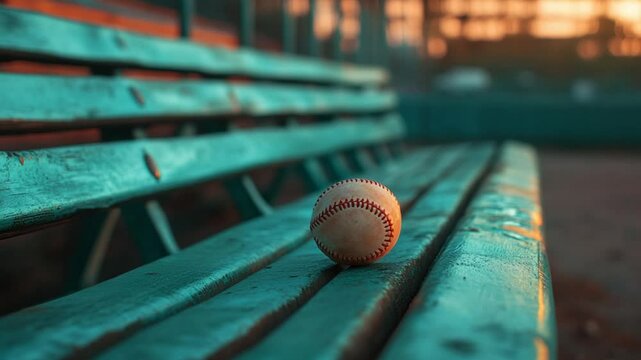 Baseball Resting on a Weathered Bench at Sunset, Capturing Nostalgia and Quiet Reflection