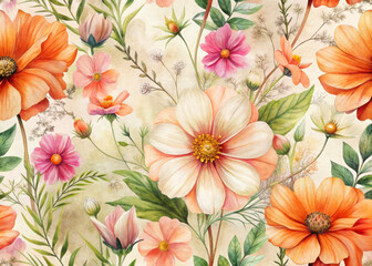 Seamless floral pattern with orange cosmos, pink daisies, and white wildflowers in vintage hand painted watercolor style on cream background