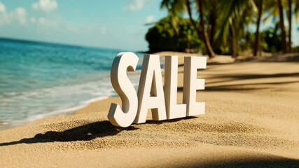 White bold SALE letters cast shadows on golden sand, with clear turquoise sea and lush palm trees in the background, creating a sunny vacation discount promotion vibe