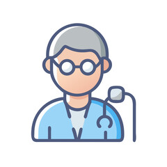 Cartoon doctor with glasses and stethoscope, medical icon