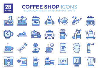 Coffee Shop blue colored outline icons set. Vector illustration