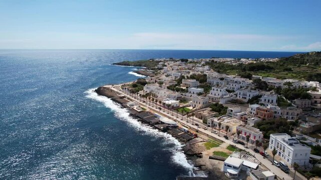 Santa Maria di Leuca - Italy, Apulia - Aerial view of the open sea with a beautiful coastline and view of the Gulf of Taranto
