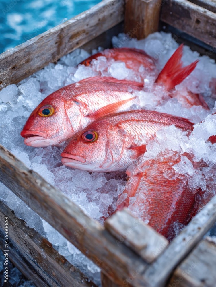 Poster Fresh Red Snapper Fish Resting on Ice in an Open Crate at a Coastal Market During Morning Hours