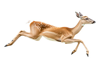 A graceful fawn leaps through the air, showcasing its agility.