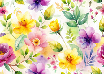 Seamless floral pattern with vibrant yellow, pink, and purple flowers and green leaves in soft watercolor style on white background