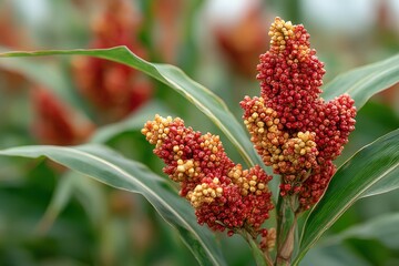 Close-up of Sorghum Bicolor Heads Displaying Rich Red and Yellow Tones in a Lush Green Field, Ready for Harvest