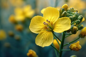 Fototapeta premium Golden Cassia Flower in Bloom with Buds, Close-Up View, Bright Yellow Petals Against a Soft Blue and Yellow Backdrop