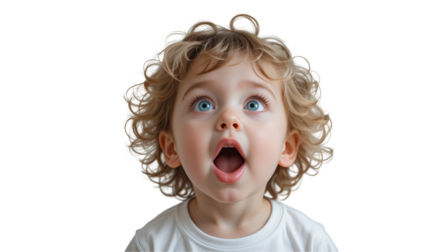  Child is bright blue eyes stare upwards, mouth wide open in a state of astonishment or surprise isolated on transparent background 