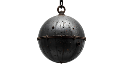 A dark, rusty-gray metal ball, heavy and round, hangs suspended from a chain
