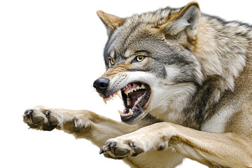 Fierce wolf with bared teeth leaping forward in a dramatic display of power.