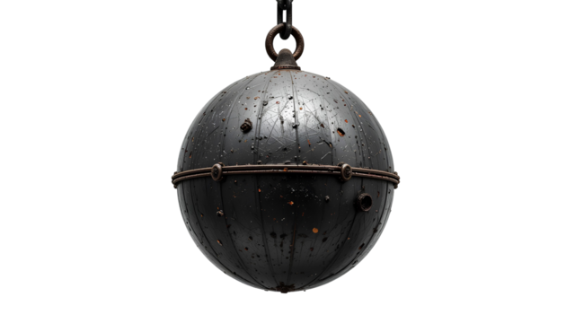 A dark, rusty-gray metal ball, heavy and round, hangs suspended from a chain