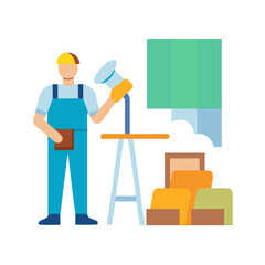 Construction worker plastering wall with tools, indoor renovation