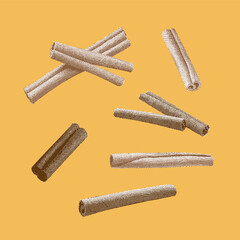 Cinnamon, cinnamon vector, cinnamon illustration, line drawing on yellow background.