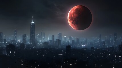Dramatic night sky view over city buildings