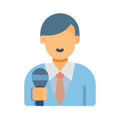 Cartoon news reporter giving presentation with microphone on stage