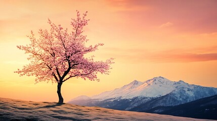 Solitary cherry blossom tree peak bloom facing distant snow covered mountain range under glowing orange pink sunset sky tranquil vibrant nature scene cinematic style cut out isolated transparent