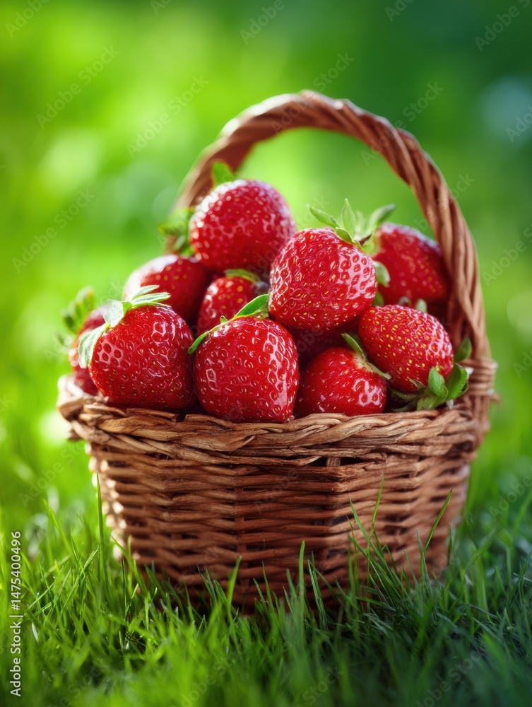 Aufkleber Fresh Strawberries in a Wicker Basket Resting on Green Grass With Natural Sunlight Creating a Vibrant Atmosphere